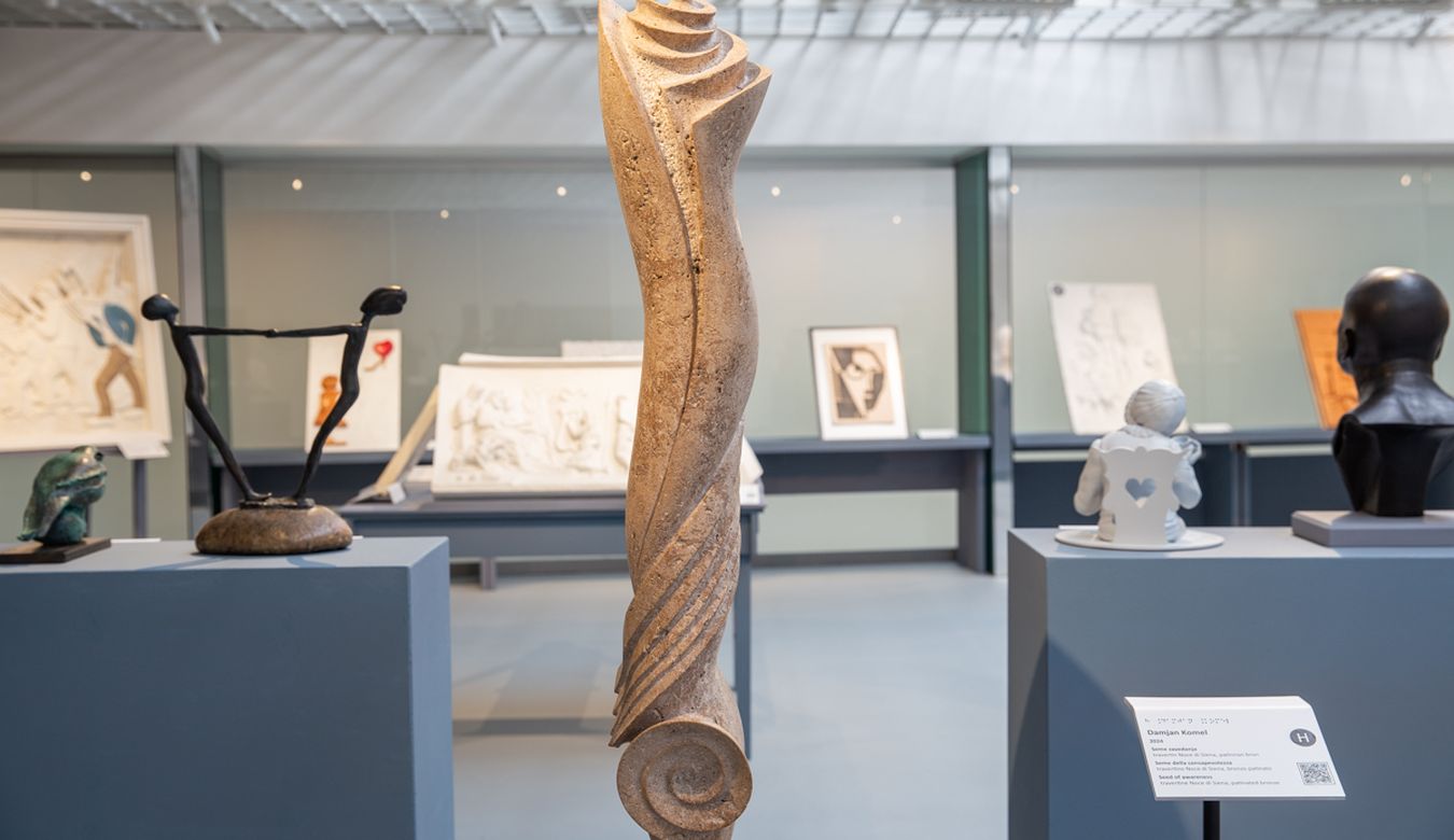 V ospredju je skulptura, ki je razstavljena v taktilni galeriji. Skulpturo sestavljajo razne spirale. Na spodnjem delu je horizontalna spirala. Navpično navzgor pa poteka navpična spirala, ki pa vijuga, ni toga. Proti vrhu se ta spirala počasi manjša. Poleg skulpture je ploščica s podatki o skulpturi. V ozadju so preostale skulpture.