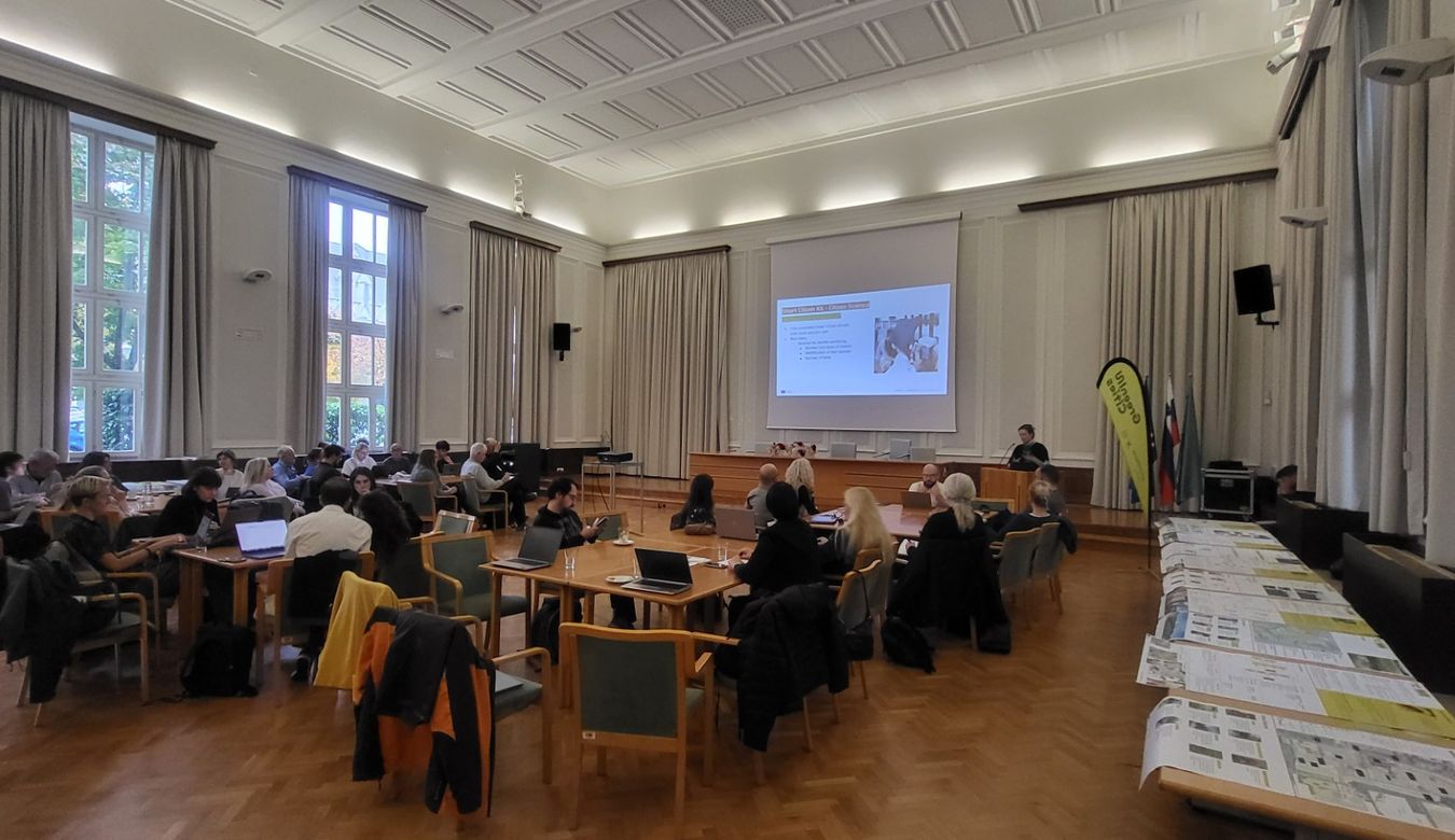 Udeleženci delajo po skupinah v Veliki dvorani Mestne občine Nova Gorica