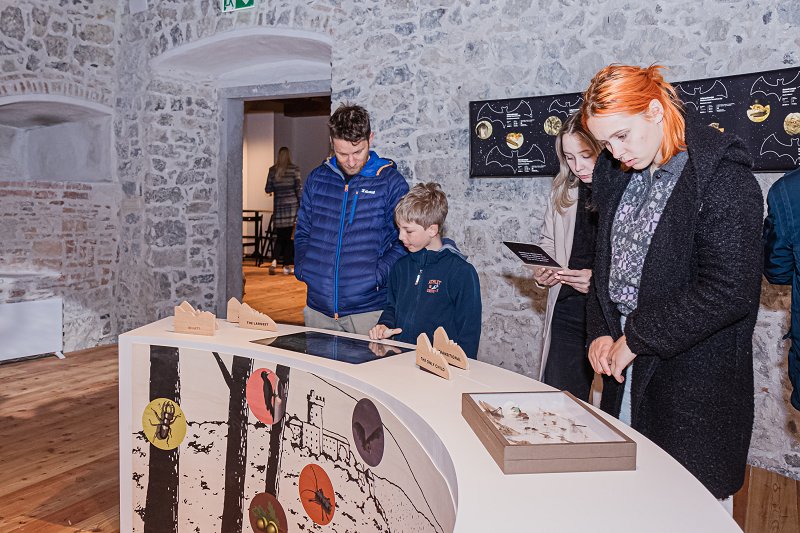Obiskovalci razstave v prostorih gradu